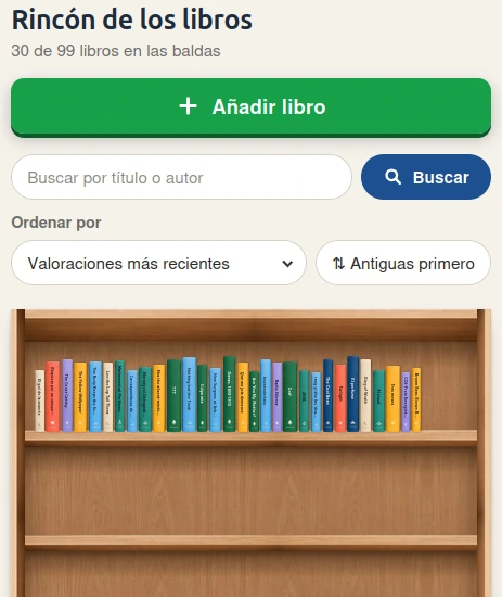 Captura de Goblin Shelf (versión Free): estantería de madera con libros, buscador por título o autor, ordenación y botón para añadir libro